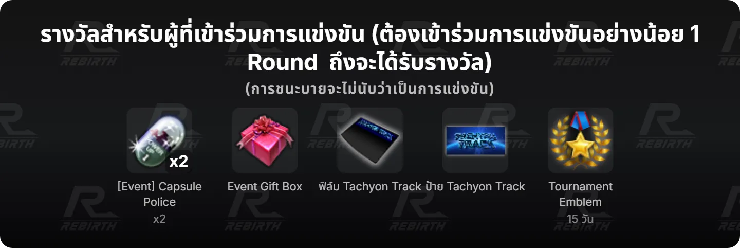 รางวัลสำหรับผู้ที่เข้าร่วมการแข่งขัน (ต้องเข้าร่วมการแข่งขันอย่างน้อย 1 Round ถึงจะได้รับรางวัล)