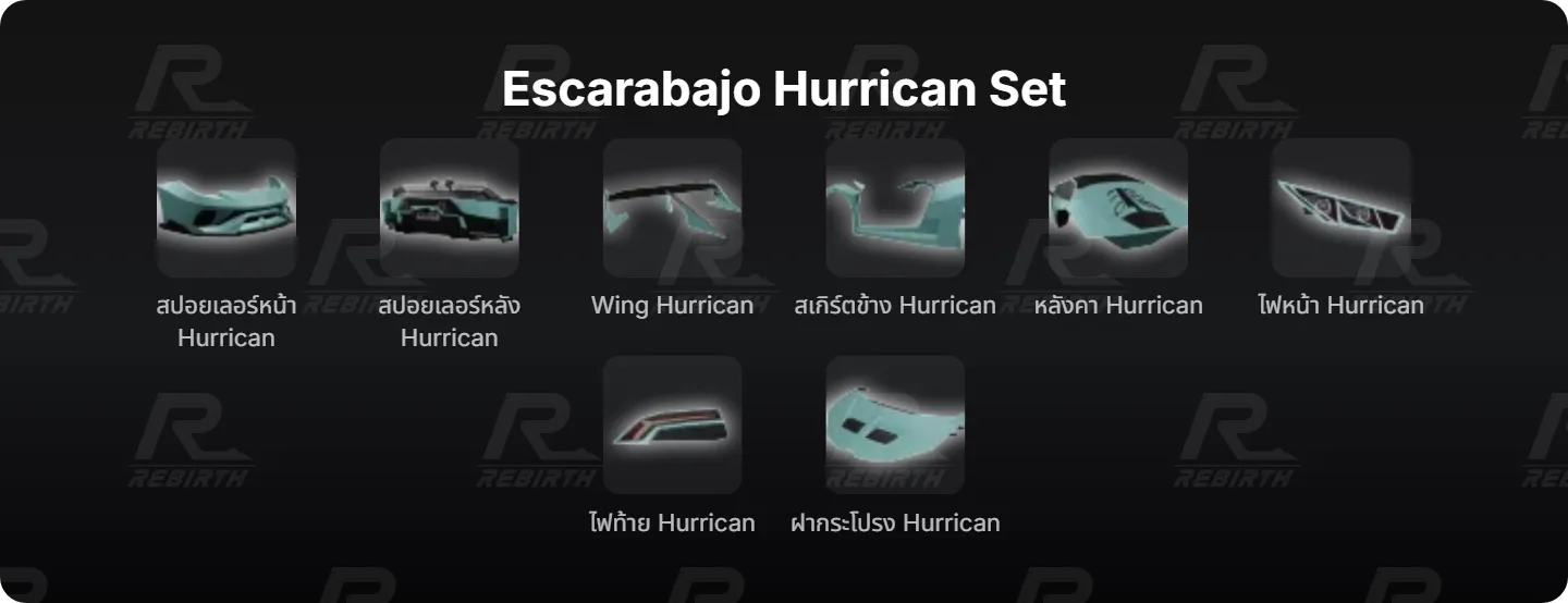 สปอยเลอร์หน้า Hurrican , สปอยเลอร์หลัง Hurrican , Wing Hurrican , สเกิร์ตข้าง Hurrican , หลังคา Hurrican , ไฟหน้า Hurrican , ไฟท้าย Hurrican , ฝากระโปรง Hurrican