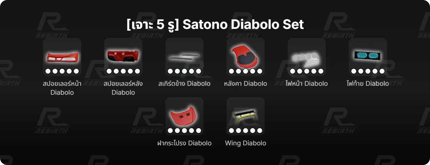 สปอยเลอร์หน้า Diabolo, สปอยเลอร์หลัง Diabolo, สเกิร์ตข้าง Diabolo, หลังคา Diabolo, ไฟหน้า Diabolo, ไฟท้าย Diabolo, ฝากระโปรง Diabolo, Wing Diabolo
