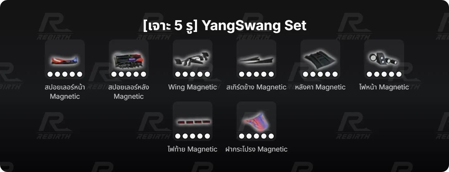 สปอยเลอร์หน้า Magnetic, สปอยเลอร์หลัง Magnetic, Wing Magnetic, สเกิร์ตข้าง Magnetic, หลังคา Magnetic, ไฟหน้า Magnetic, ไฟท้าย Magnetic, ฝากระโปรง Magnetic