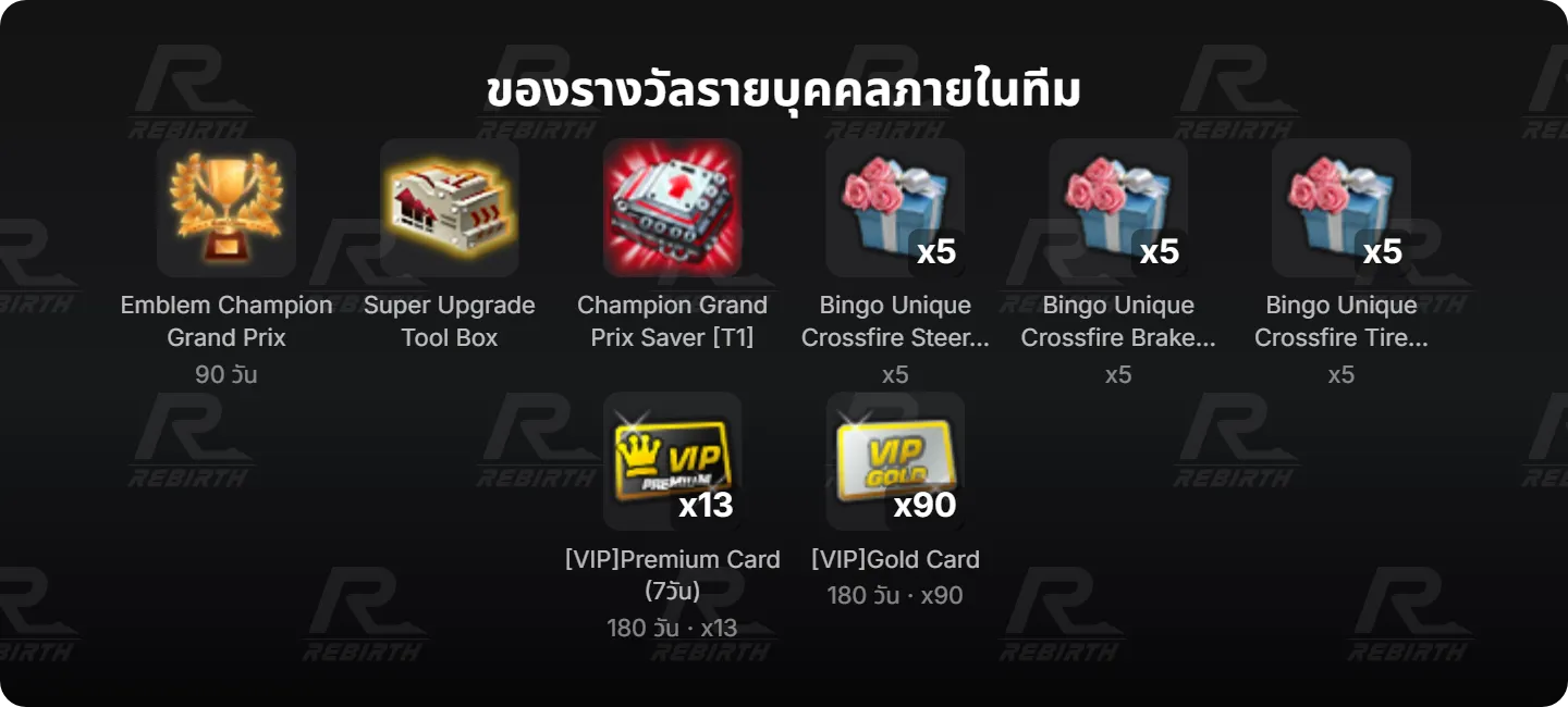 Emblem Champion Grand Prix, Super Upgrade Tool Box, Champion Grand Prix Saver [T1], Bingo Unique Crossfire Steer Recast Option, Bingo Unique Crossfire Brake Recast Option, Bingo Unique Crossfire Tire Recast Option, [VIP]Premium Card (7วัน), [VIP]Gold Card