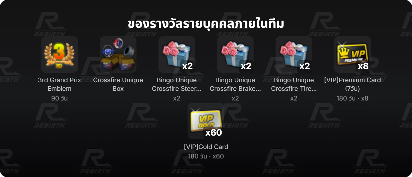 3rd Grand Prix Emblem, Crossfire Unique Box, Bingo Unique Crossfire Steer Recast Option, Bingo Unique Crossfire Brake Recast Option, Bingo Unique Crossfire Tire Recast Option, [VIP]Premium Card (7วัน), [VIP]Gold Card